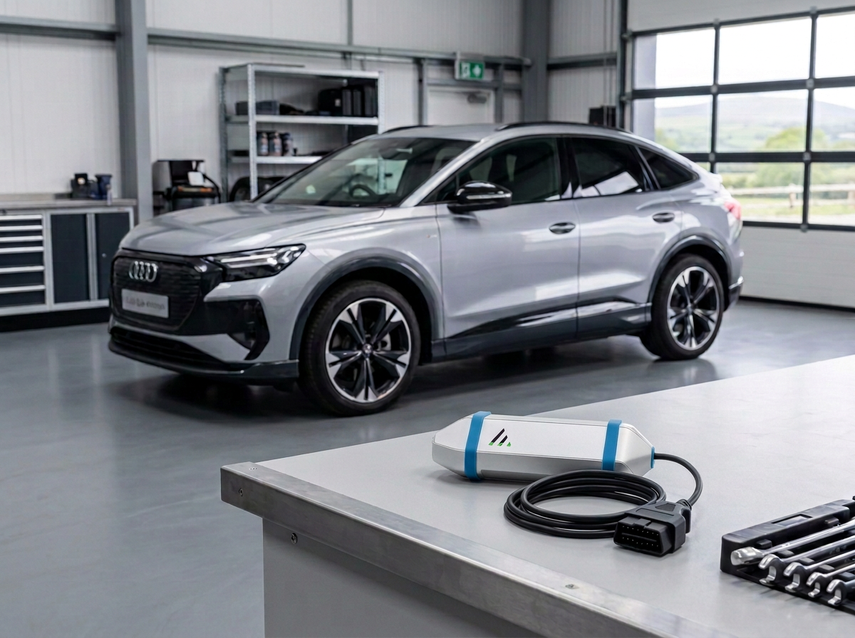 Audi Q4 e-tron beside an AVILOO box and a loose OBD lead
