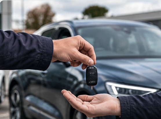 Two people handing over electric vehicle keys during a used EV purchase